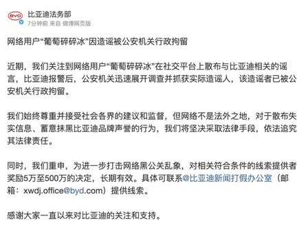 比亚迪持续打击黑公关，一造谣者被公安机关行政拘留